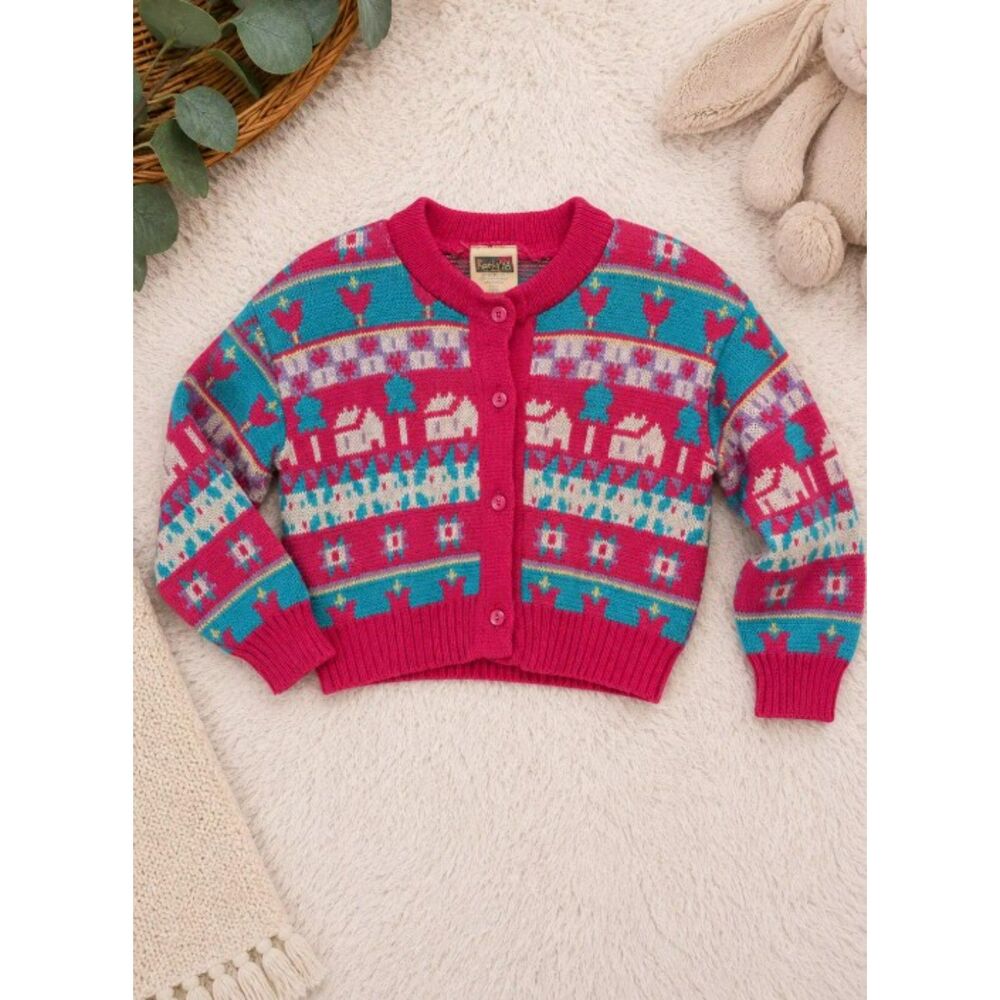Vintage Kohana Fair Isle Cardigan Sweater Girls Size 3 Pink Horse Cottagecore